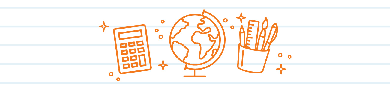 Calculator, globe, and pencil bucket banner graphic.