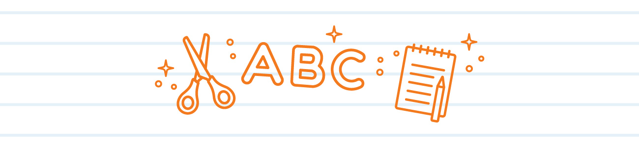 Scissors, ABC, and notebook banner graphic.