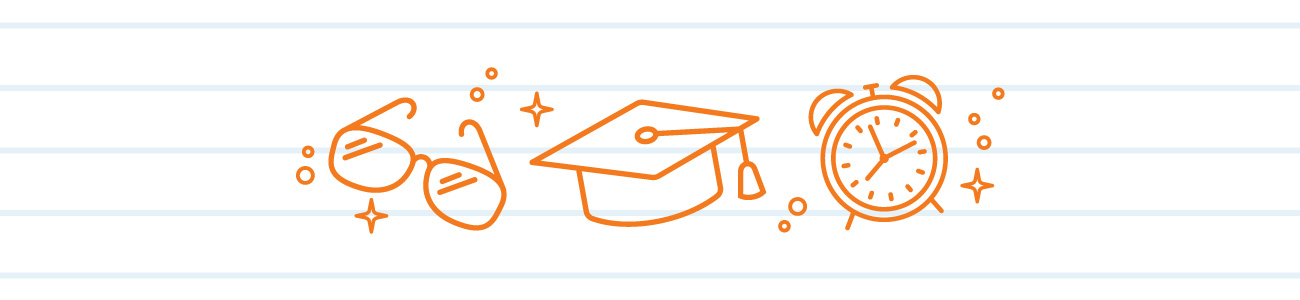 Glasses, graduation cap, and alarm clock banner graphic.