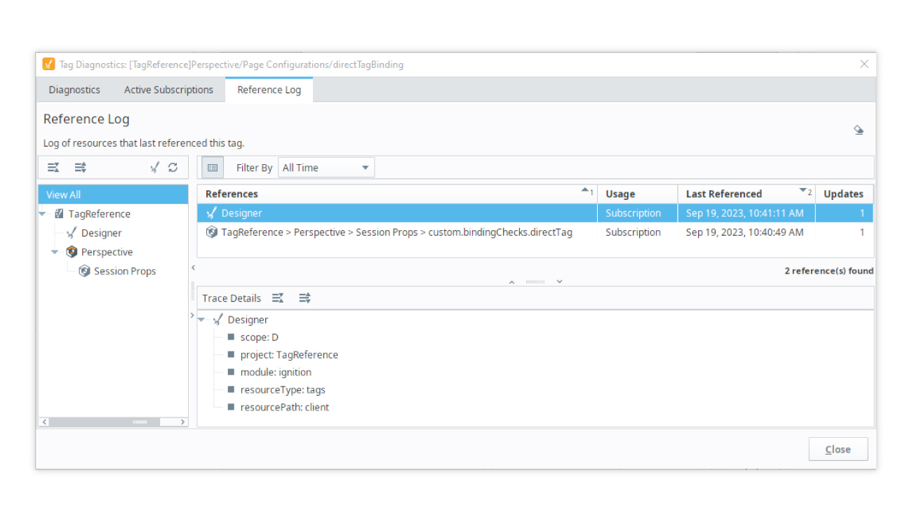 Tag feference log window